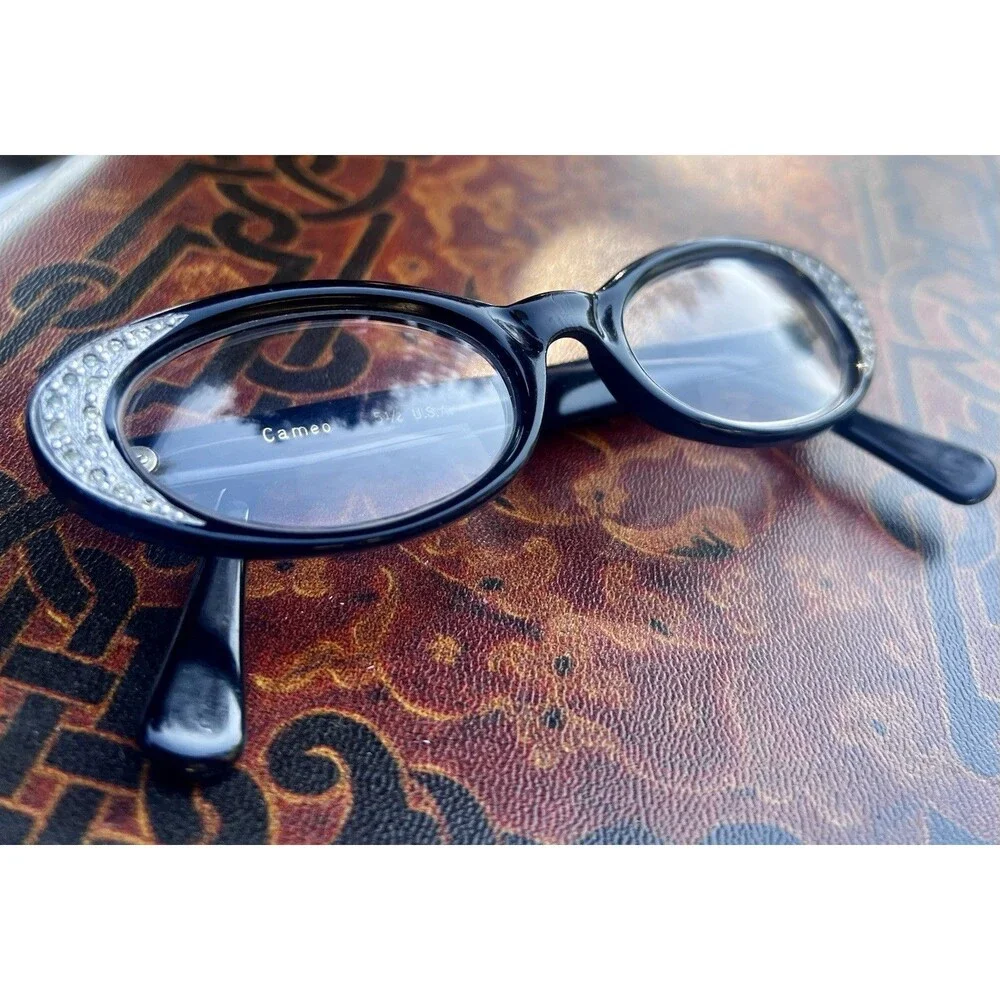 Vintage 1960s Cameo Black Rhinestone Cat Eye Eyeglass Frames USA 46/20 5½
